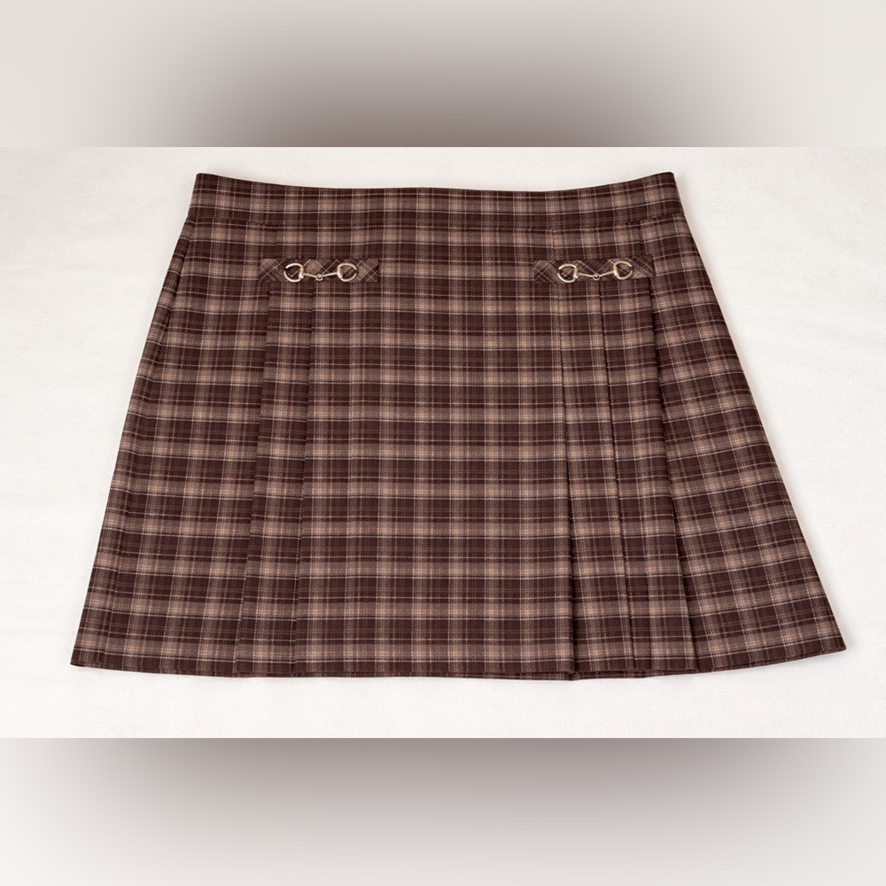 Hunter brown plaid pleated A line mini skirt